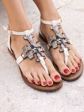 EEUC Tory Burch Phoebe Snakeskin White Thong Sandals Shoes Size 6.5